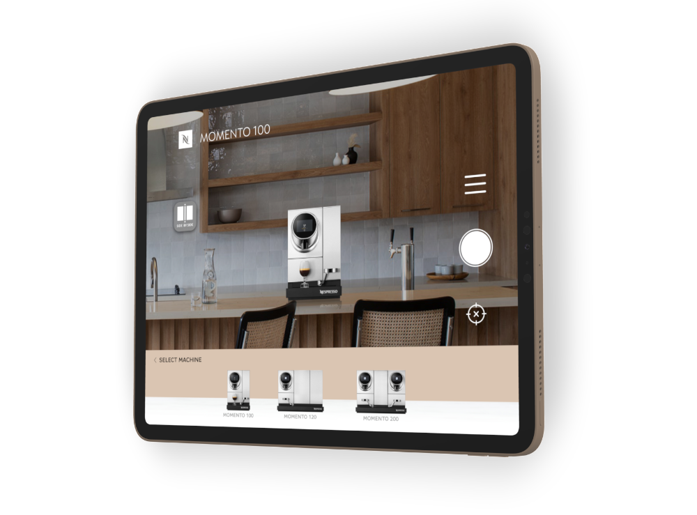 Image of augmented reality being used in sales by Nespresso. This innovative sales technology was developed by the Salesdrive team in Antwerp, Belgium.