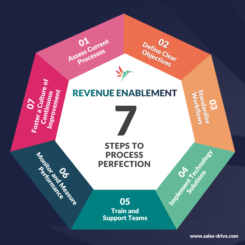 Revenue enablement infographic showing 7 steps to process perfection displayed in a visually appealing way and created by Salesdrive.